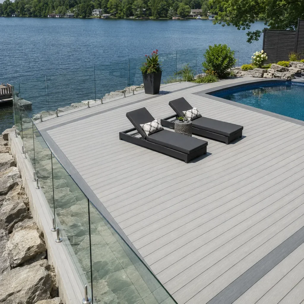 Low-maintenance composite deck with clean boards and modern railings
