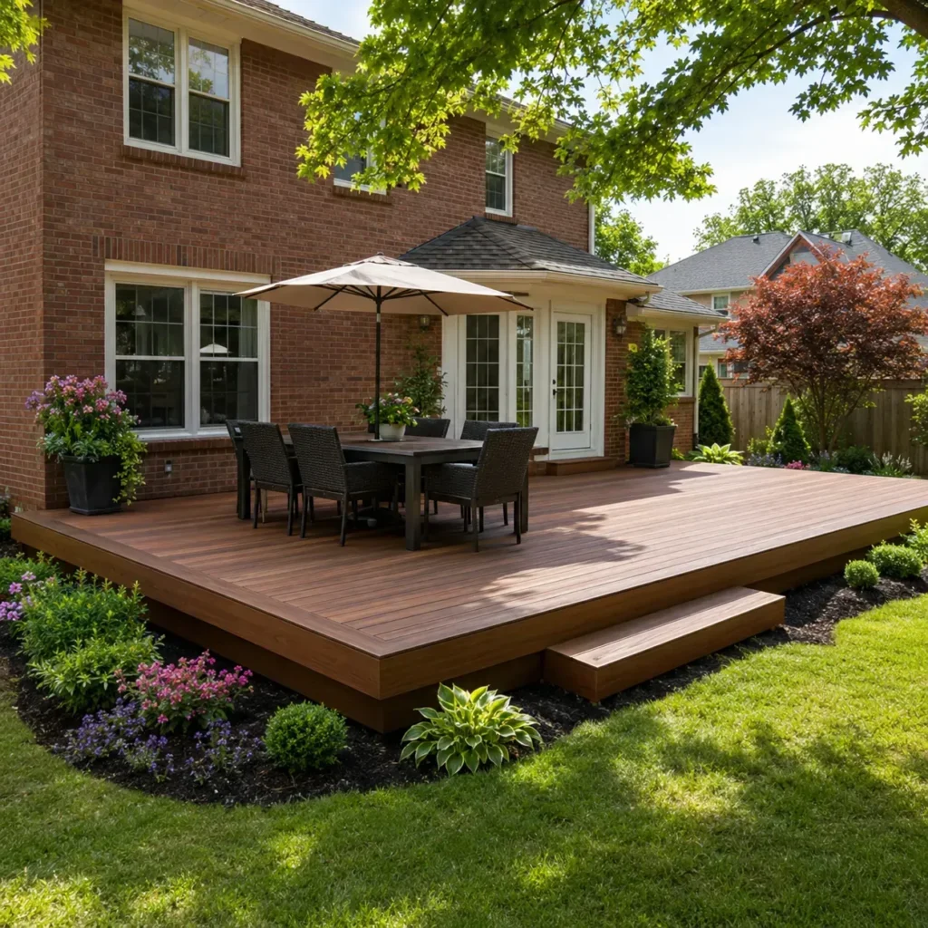 Deck installation work showing sturdy boards and railing supports