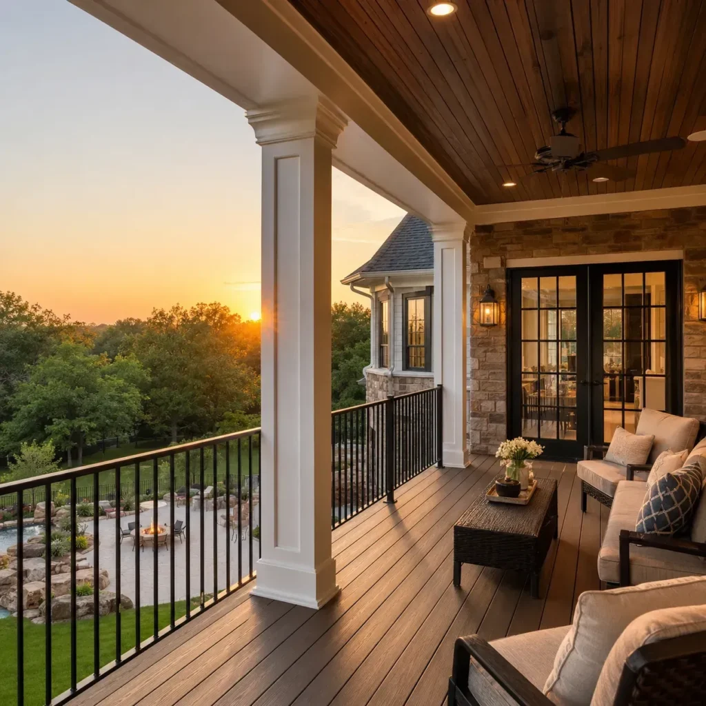 Freestanding floating deck built above a residential