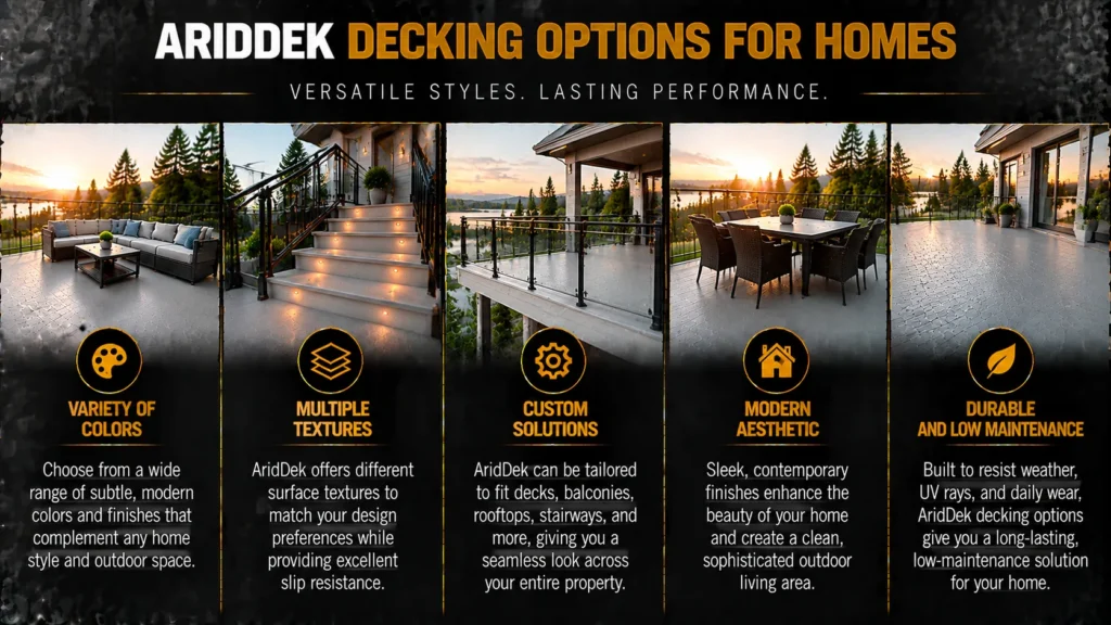 AridDek aluminum decking options with modern finishes, durable construction, waterproof performance, and low-maintenance design