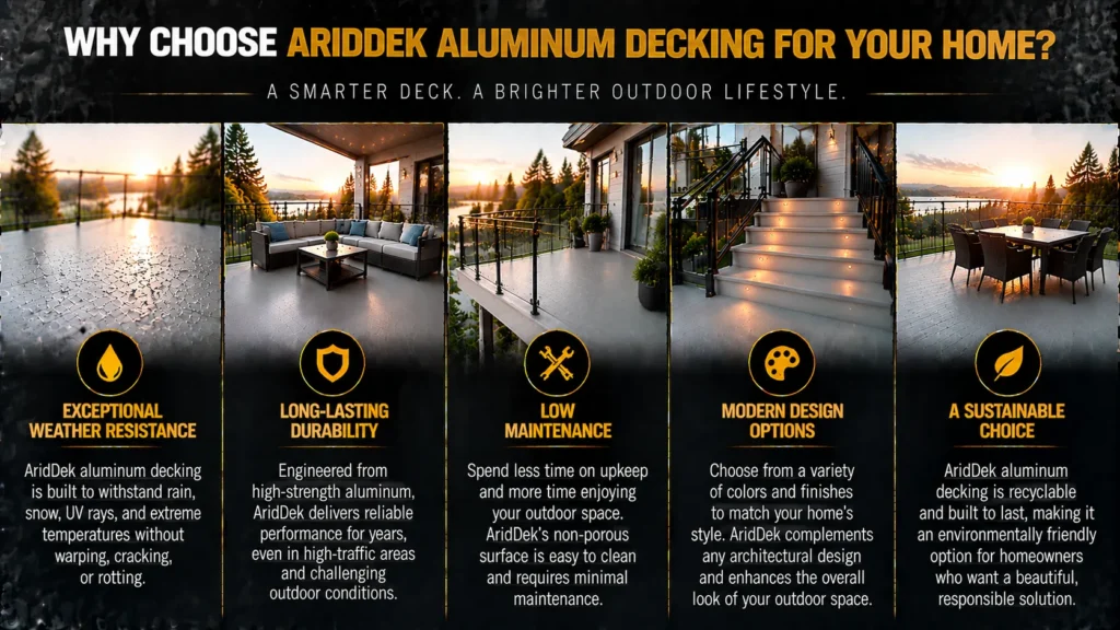 Benefits of AridDek aluminum decking including waterproof performance, long-lasting durability, low maintenance, strength, and modern appearance