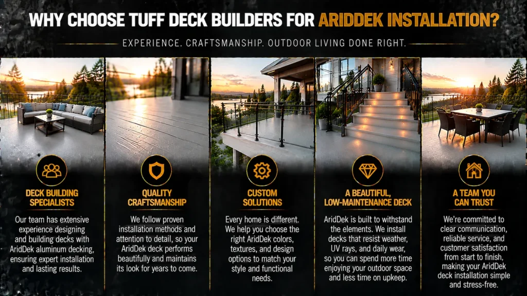 Why choose Tuff Deck Builders for AridDek installation with experienced deck builders, quality craftsmanship, professional installation, and reliable outdoor results