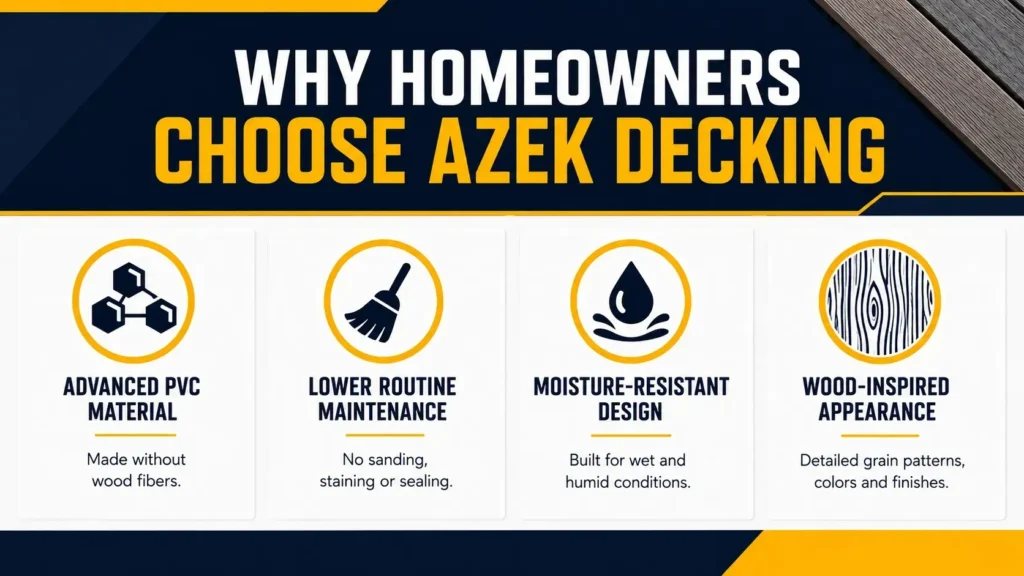 Why homeowners choose AZEK decking with advanced PVC material, lower routine maintenance, moisture-resistant design, and wood-inspired appearance