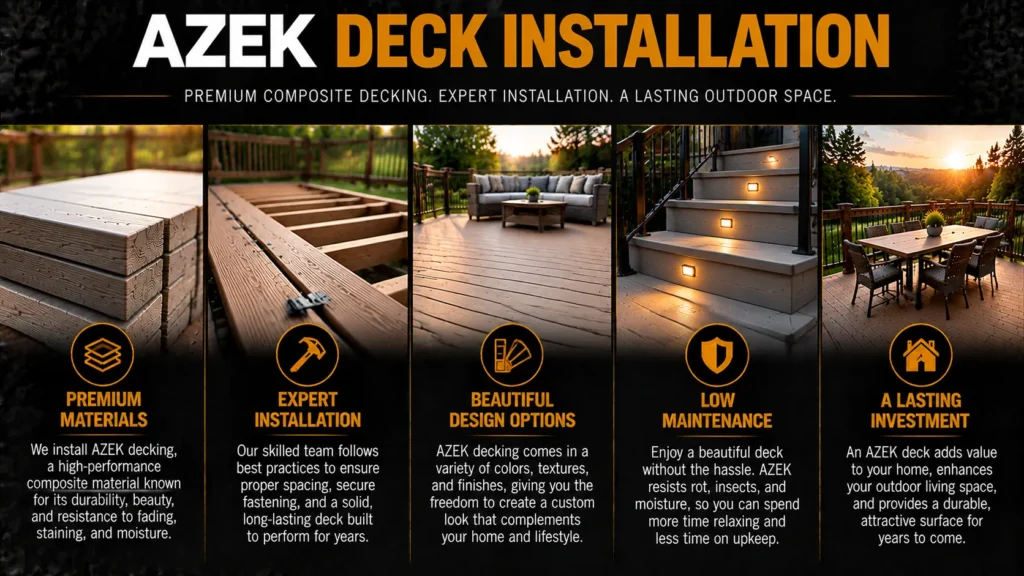 AZEK deck installation with premium materials, expert installation, beautiful design options, low maintenance, and lasting outdoor value