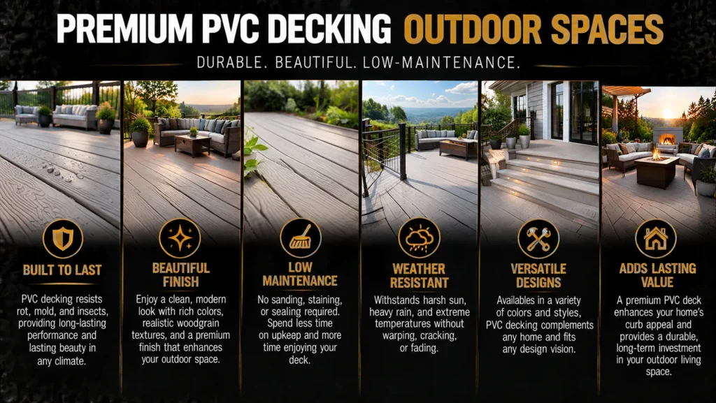 Premium PVC decking for outdoor spaces with durable performance, beautiful finishes, low maintenance, weather resistance, versatile designs, and lasting value