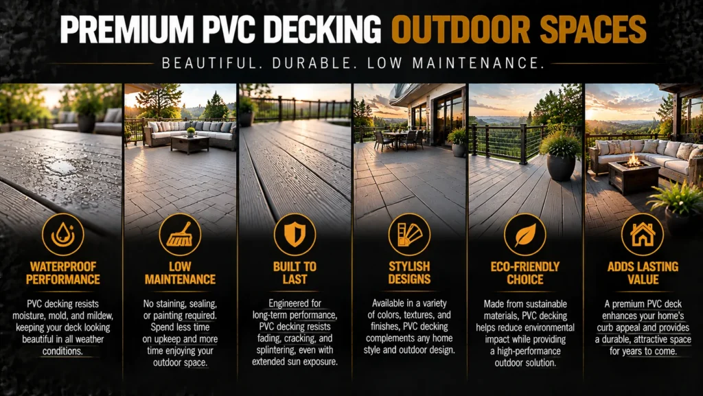 Premium PVC decking with waterproof performance, low maintenance, long-lasting durability, stylish designs, eco-friendly materials, and added home value