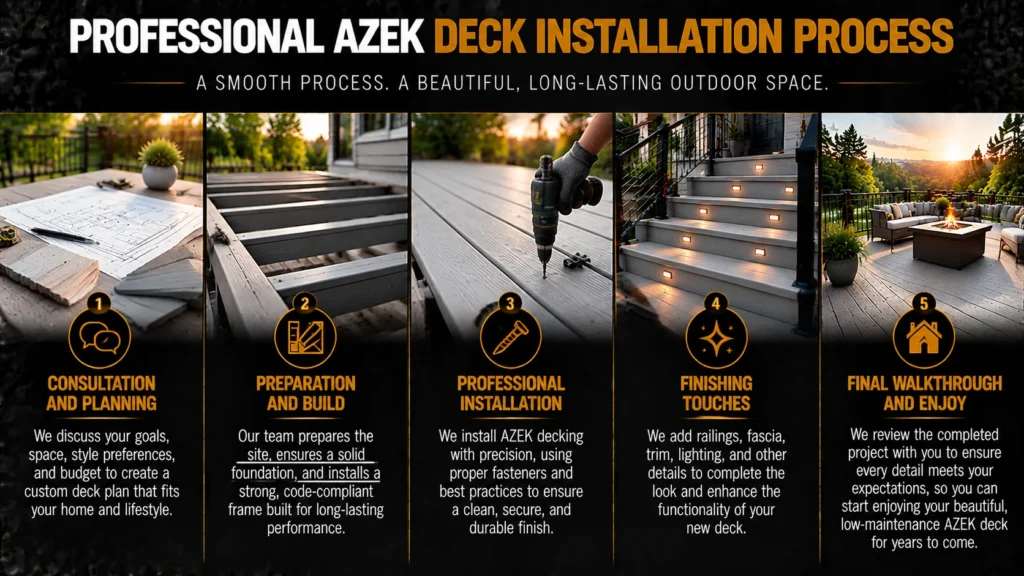 Professional AZEK deck installation process including consultation and planning, preparation and build, professional installation, finishing touches, and final walkthrough