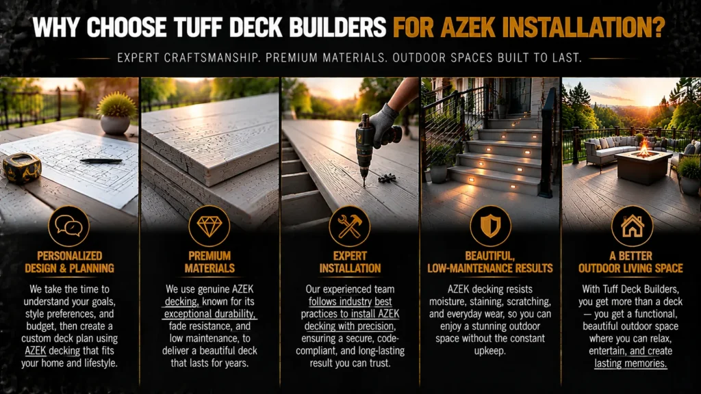 Why choose Tuff Deck Builders for AZEK installation with personalized design, premium materials, expert installation, low-maintenance results, and better outdoor living spaces