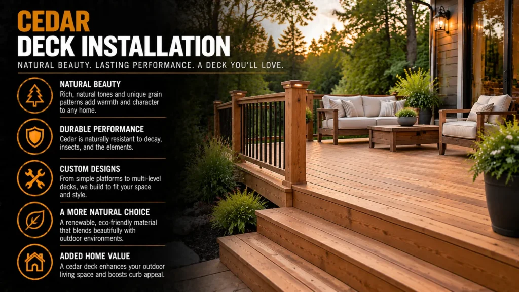 Cedar deck installation highlighting natural beauty, durable performance, custom designs, eco-friendly material, and added home value