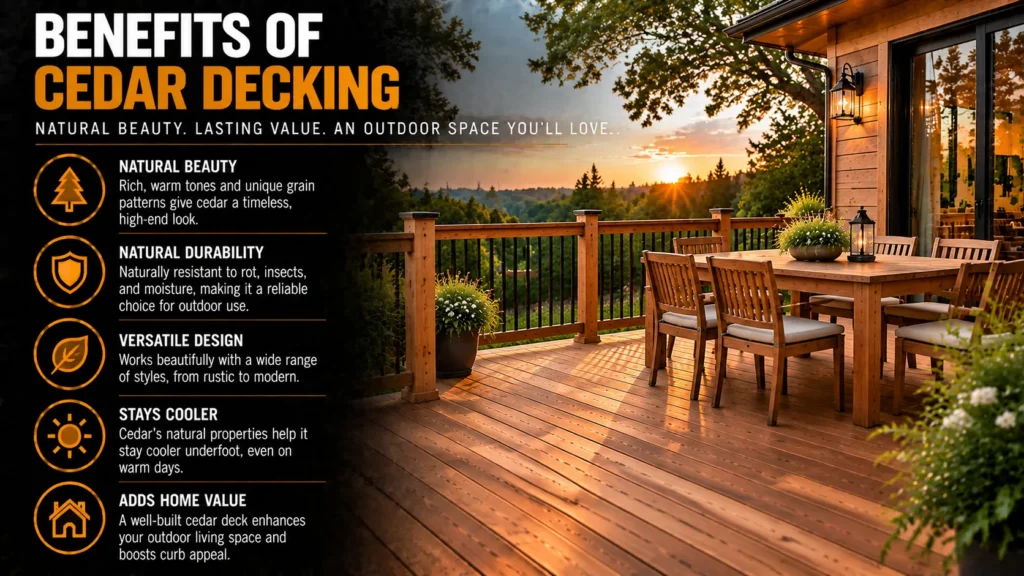 Benefits of cedar decking including natural beauty, durability, versatile design, cooler surface temperatures, and added home value