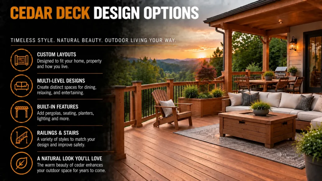 Cedar deck design options with custom layouts, multi-level designs, built-in features, railings, stairs, and natural wood styling