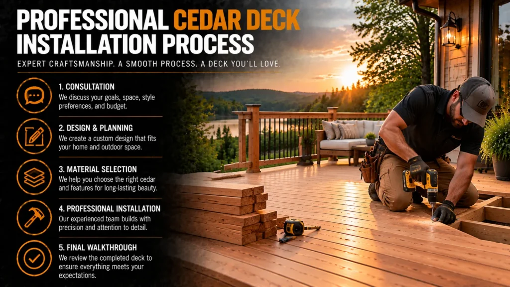 Professional cedar deck installation process including consultation, design and planning, material selection, installation, and final walkthrough