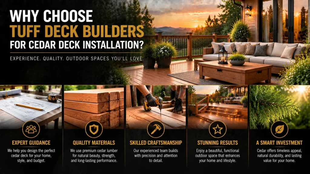 Why choose Tuff Deck Builders for cedar deck installation with expert guidance, quality materials, skilled craftsmanship, stunning results, and lasting value