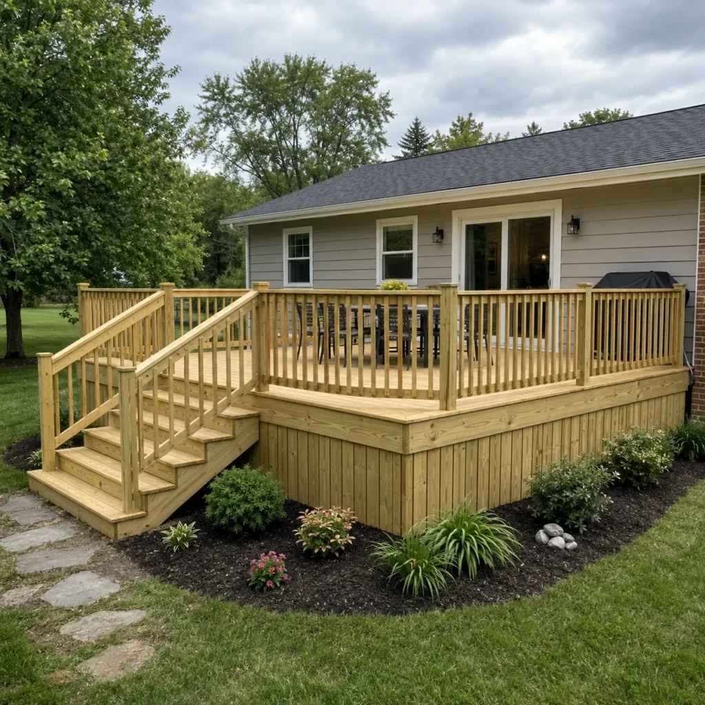 Pressure-treated wood deck with stairs, railings, and finished skirting at an Indianapolis home