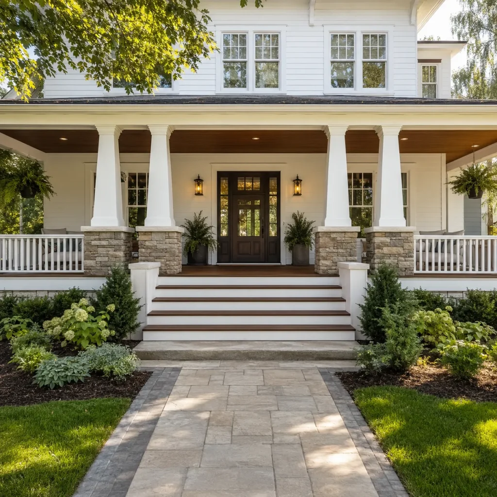 Large covered front porch with white columns, stone bases, and wide steps in Indianapolis