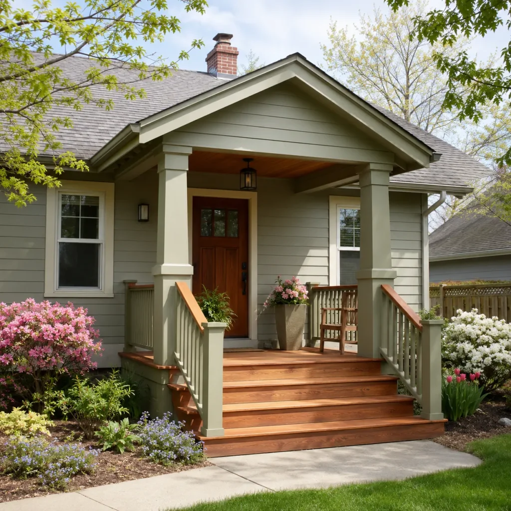 Covered entry porch with wood steps and landscaped garden at an Indianapolis home