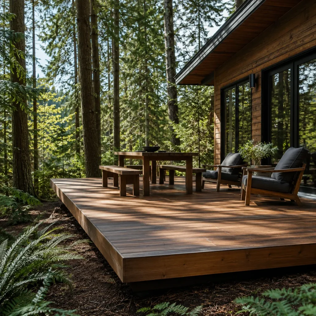 Ground-level wood deck with outdoor dining beside a wooded Indianapolis home