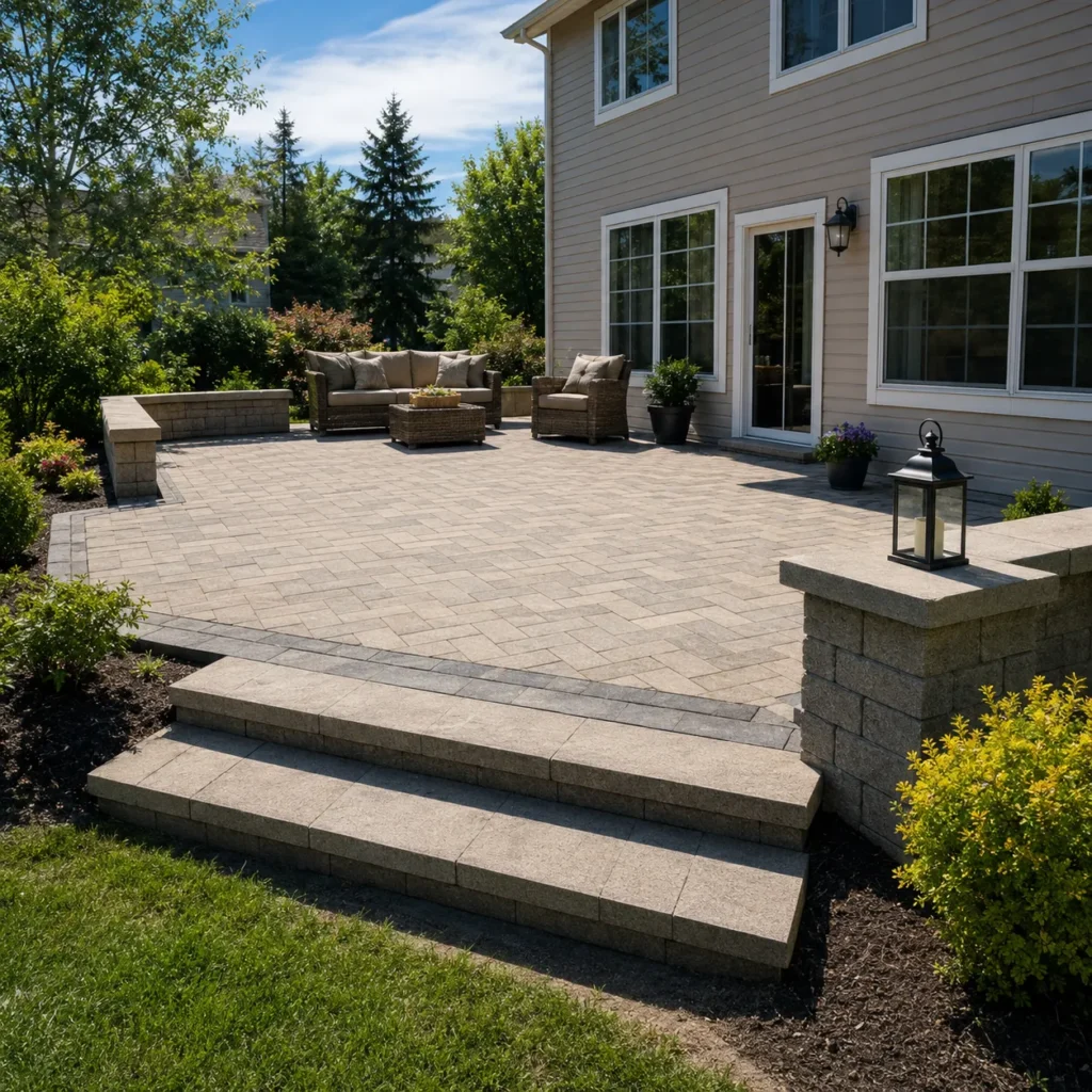 Large paver patio with broad steps, stone seating walls, and outdoor furniture in Indianapolis
