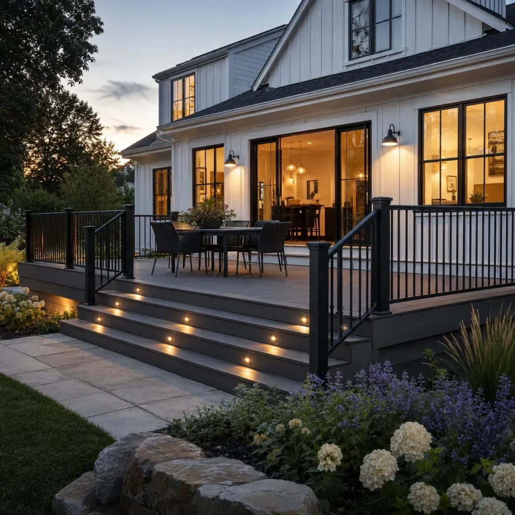 Residential deck with composite decking material showing service area coverage for Indianapolis deck builders