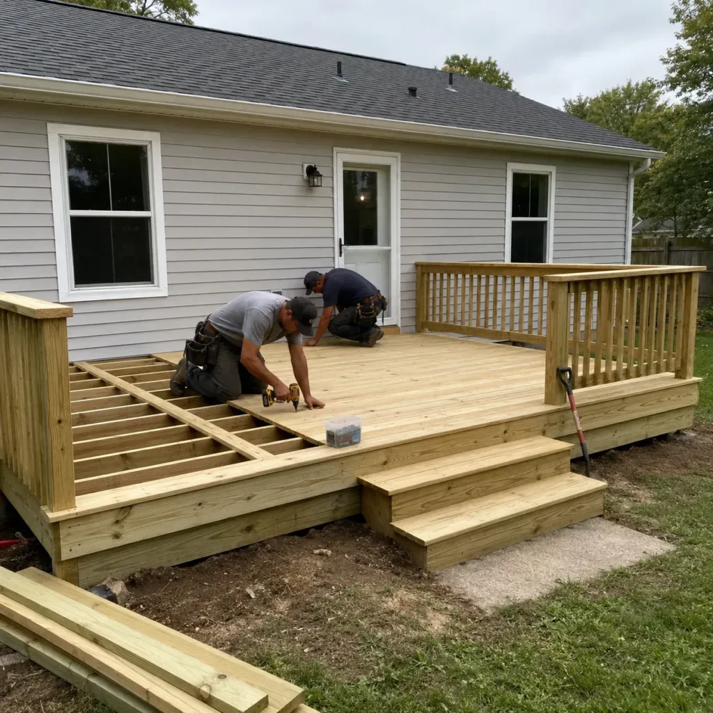 Custom residential deck designed around an Indianapolis home and landscaped yard