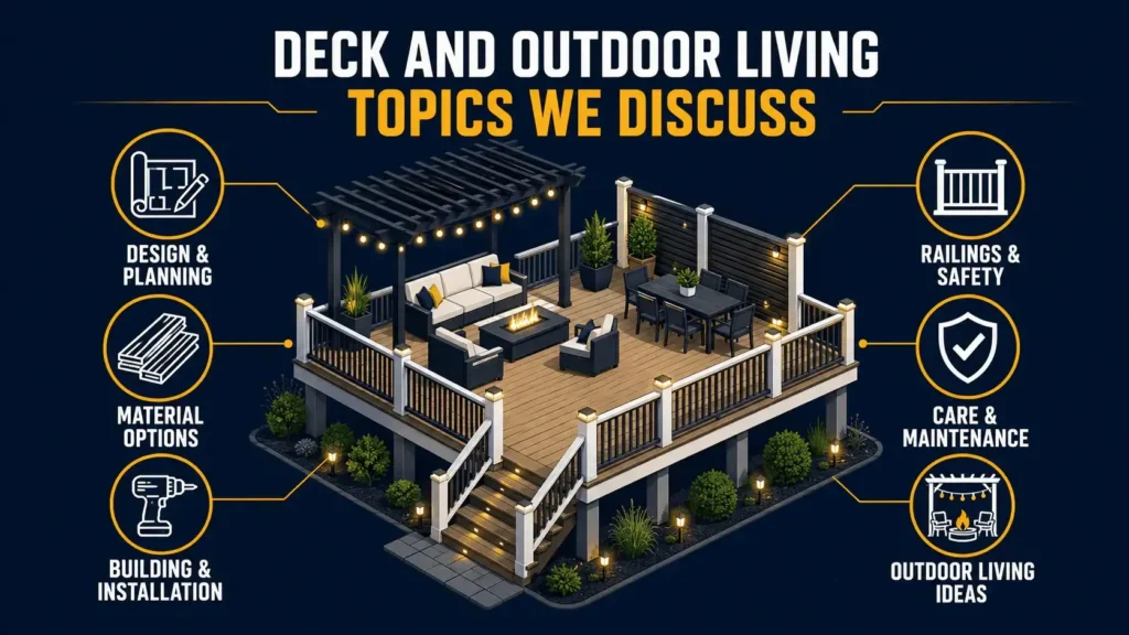 Podcast topics organized by project planning, materials, budgeting, design, and maintenance for Indianapolis decks