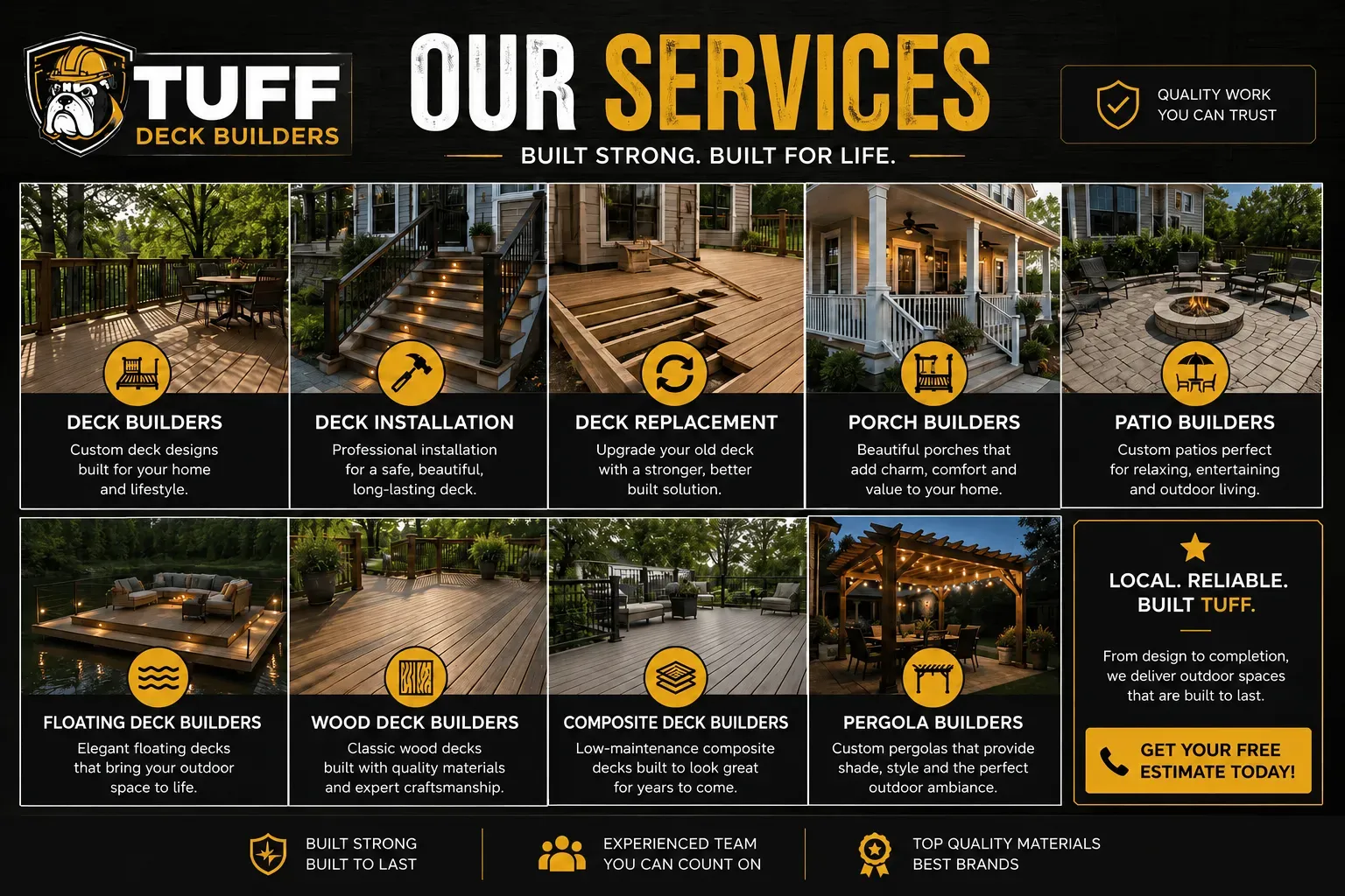 Various deck building services including composite decks, patios, and porches in Indianapolis