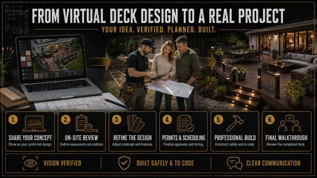 Deck planning process from virtual design concept to property evaluation and construction