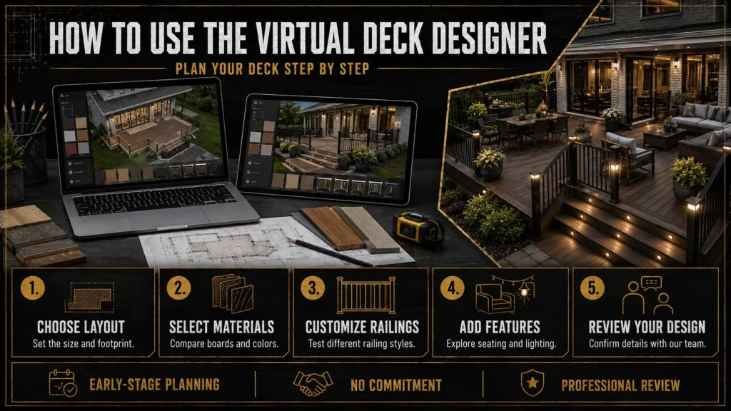 Interactive 3D deck design tool showing layout, material, and feature customization options