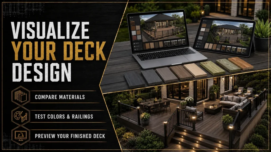 Deck design tool for creating custom outdoor living layouts and material selections