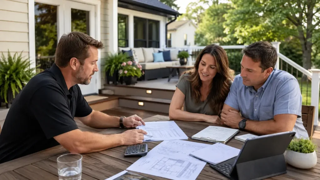 Indianapolis deck contractor reviewing project plans and costs with homeowners during a free estimate