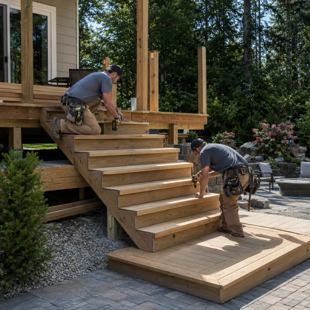 Deck contractors installing wood stairs and railings at an Indianapolis home