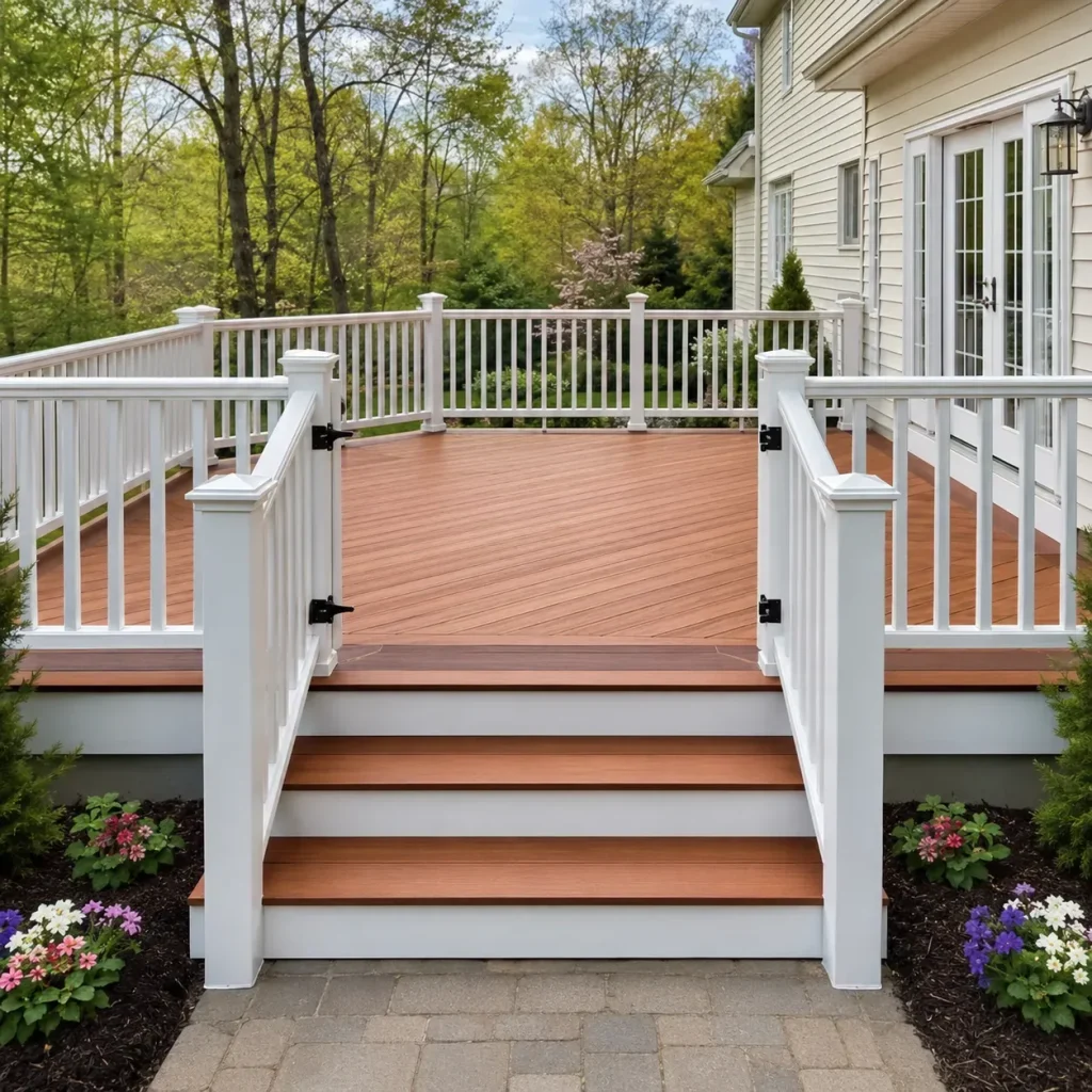 Finished backyard deck with brown decking, white railings, and wide stairs leading to a landscaped yard