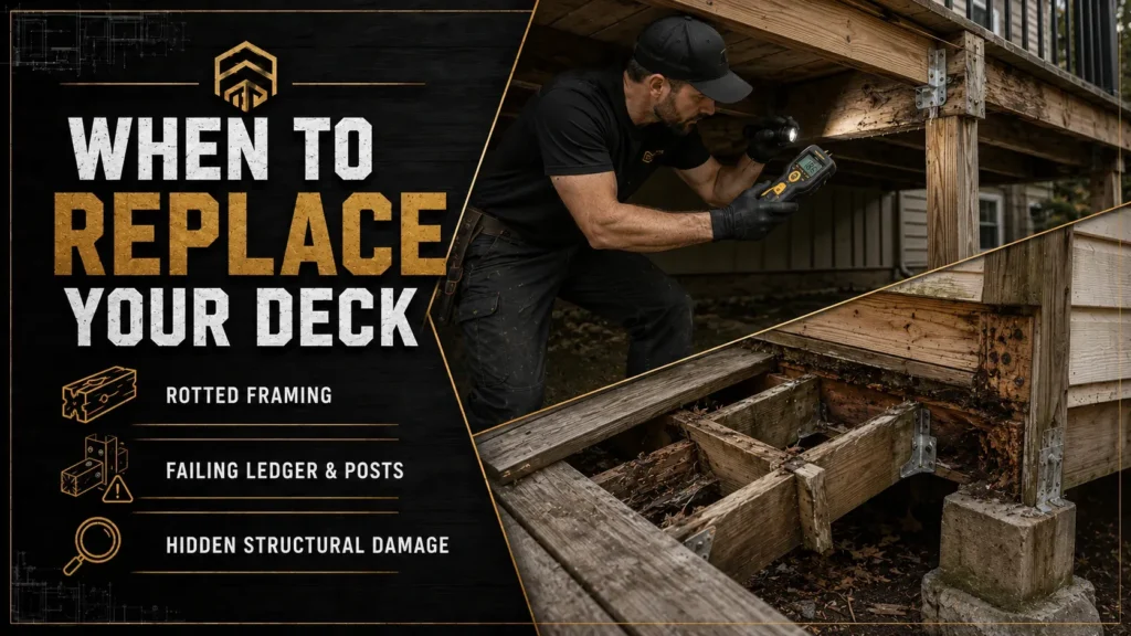 Contractor inspecting rotted deck framing, failing posts, and hidden structural damage beneath an aging wood deck