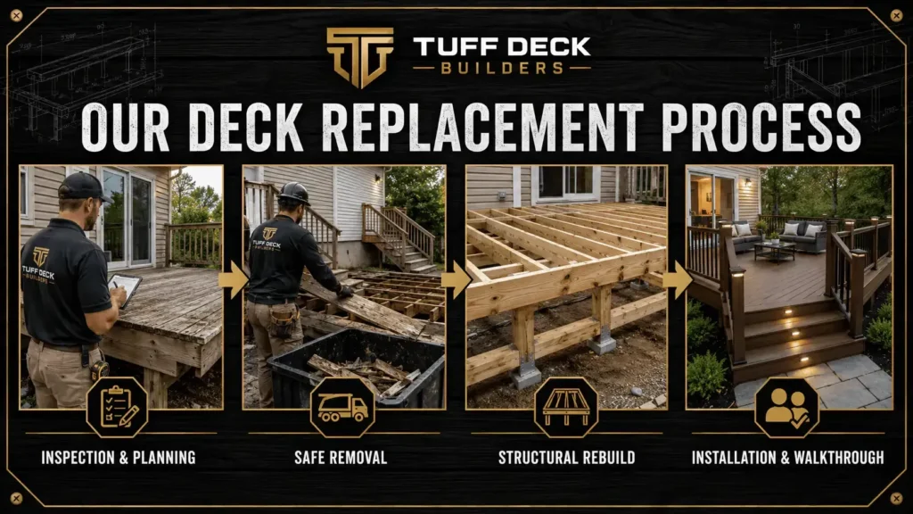Deck replacement process showing inspection, old deck removal, structural framing rebuild, and completed deck installation