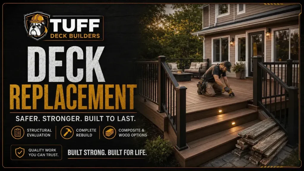 Deck replacement contractor working on a brown backyard deck with stairs and black railings