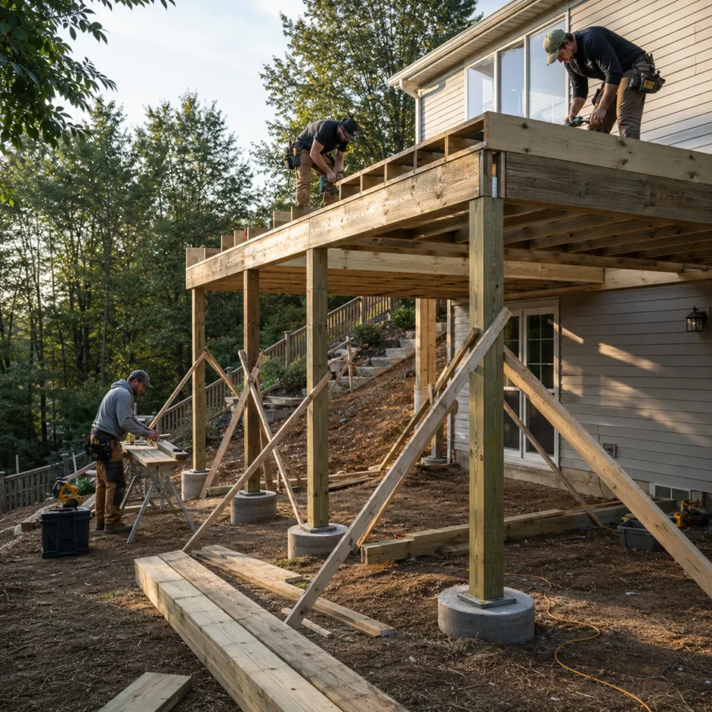 Contractors building the frame of an elevated replacement deck in Indianapolis