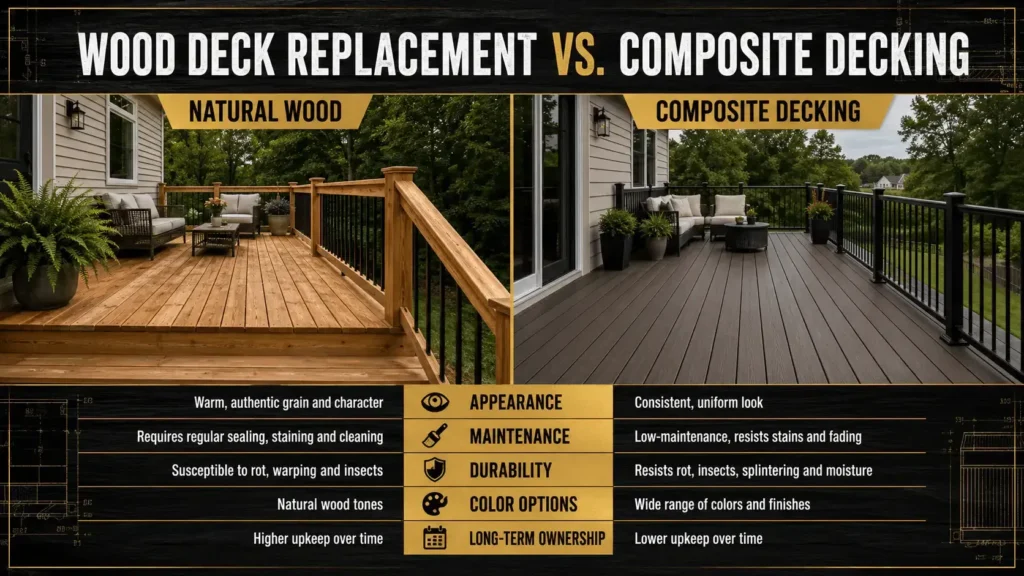 Wood deck and composite deck comparison showing differences in appearance, maintenance, durability, colors, and long-term upkeep