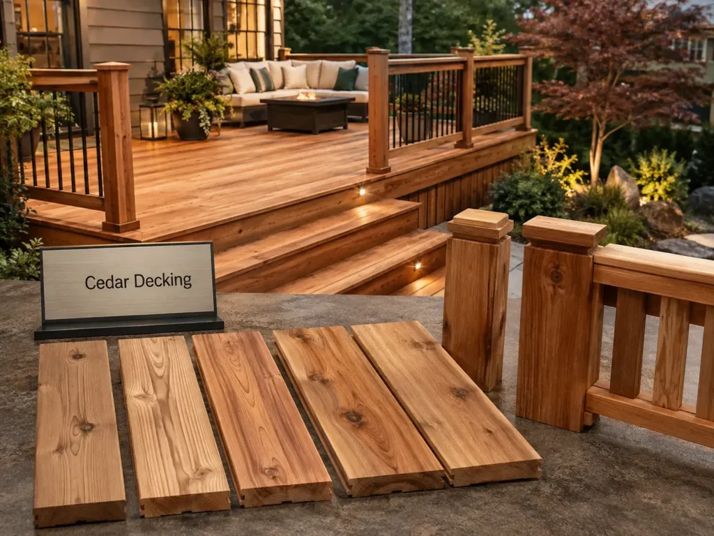 Natural cedar decking boards, railing components, and finished cedar deck with stairs and outdoor seating