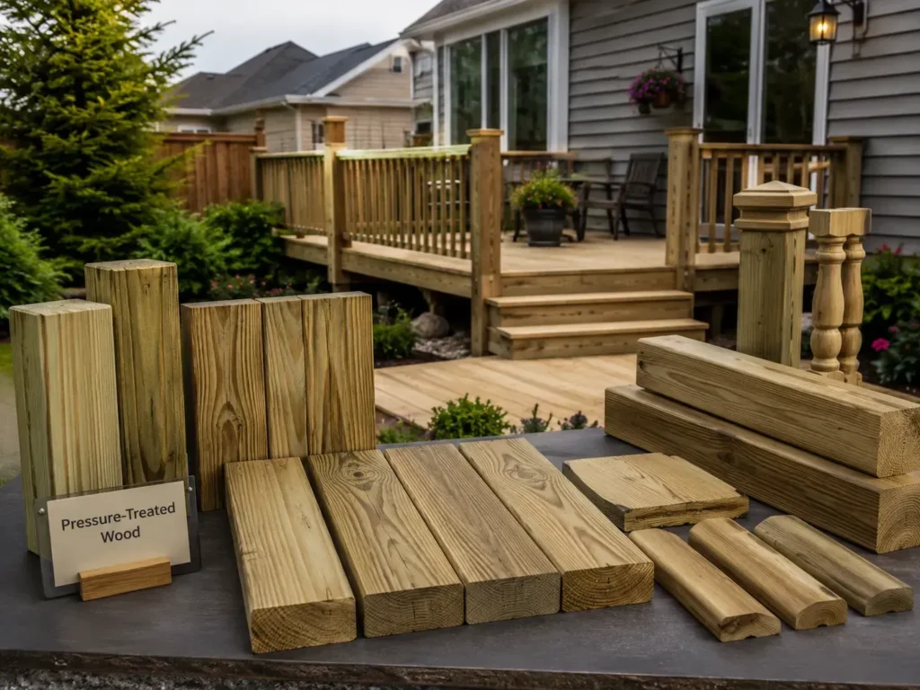 Pressure-treated wood decking boards, posts, railing components, and finished backyard wood deck