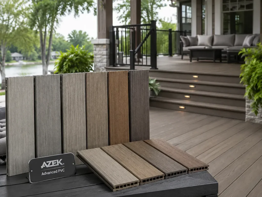 AZEK Advanced PVC decking samples in gray and brown wood-look finishes beside a finished outdoor deck