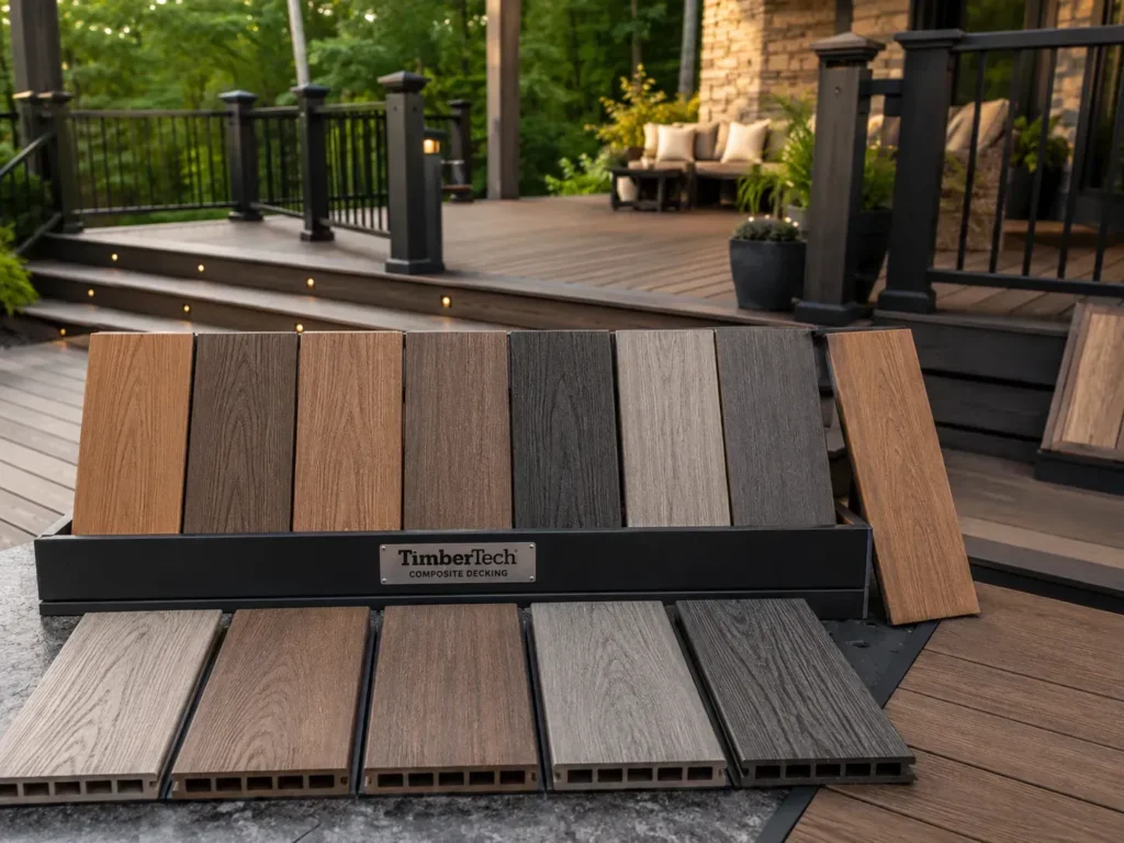 TimberTech composite decking samples in multiple wood-look colors displayed in front of a finished deck