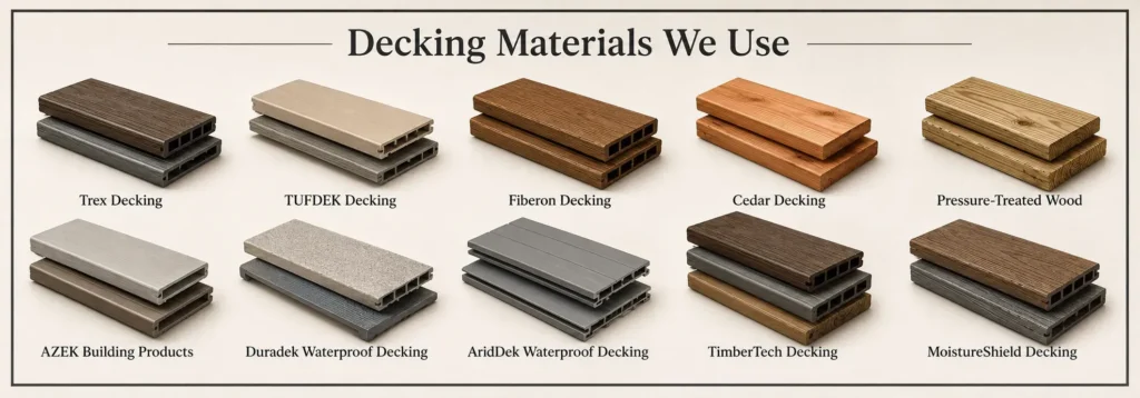 decking-brands-indianapolis-2 Decking material samples including composite, PVC, cedar, pressure-treated wood, aluminum, and waterproof decking options