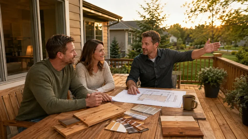 Homeowners reviewing deck plans and decking material samples with a deck contractor on an outdoor deck