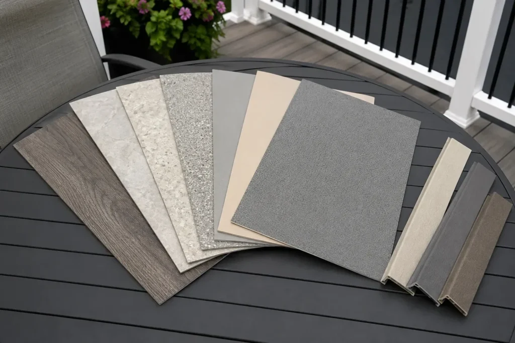Decking material samples in wood, gray, beige, and textured finishes displayed on an outdoor table