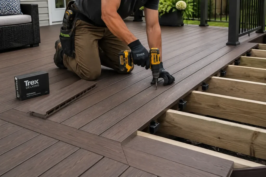 Finished Trex composite deck with stairs, railing, fascia and picture-frame border details