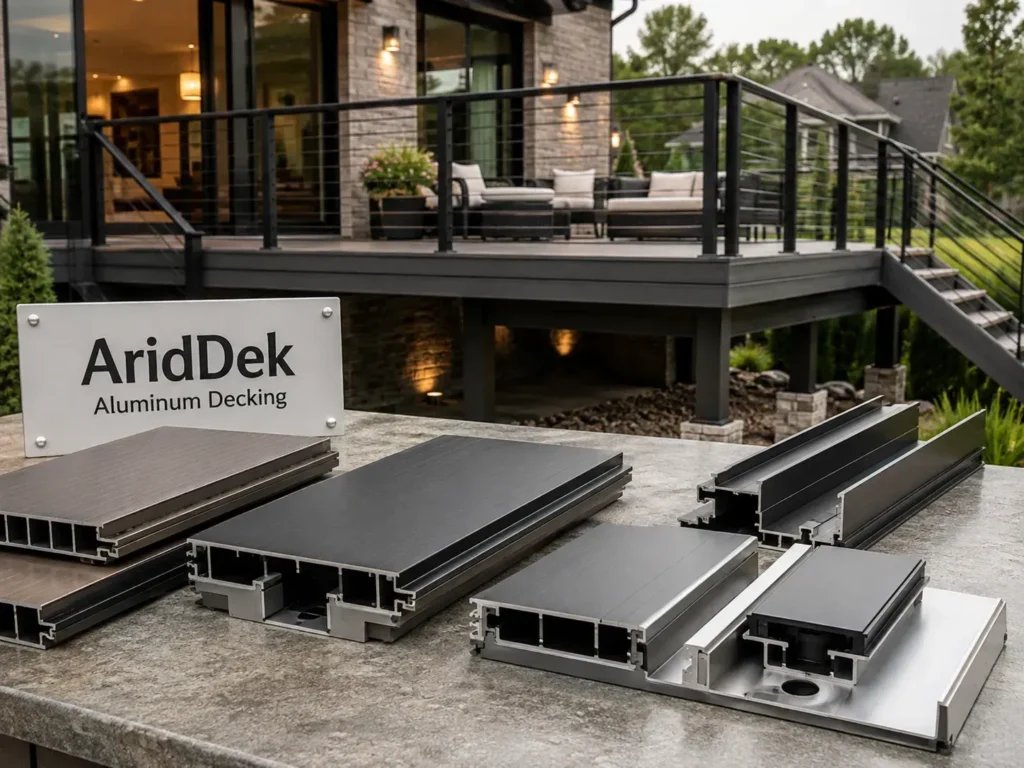 AridDek aluminum decking board profiles and water management components displayed beside a modern raised deck