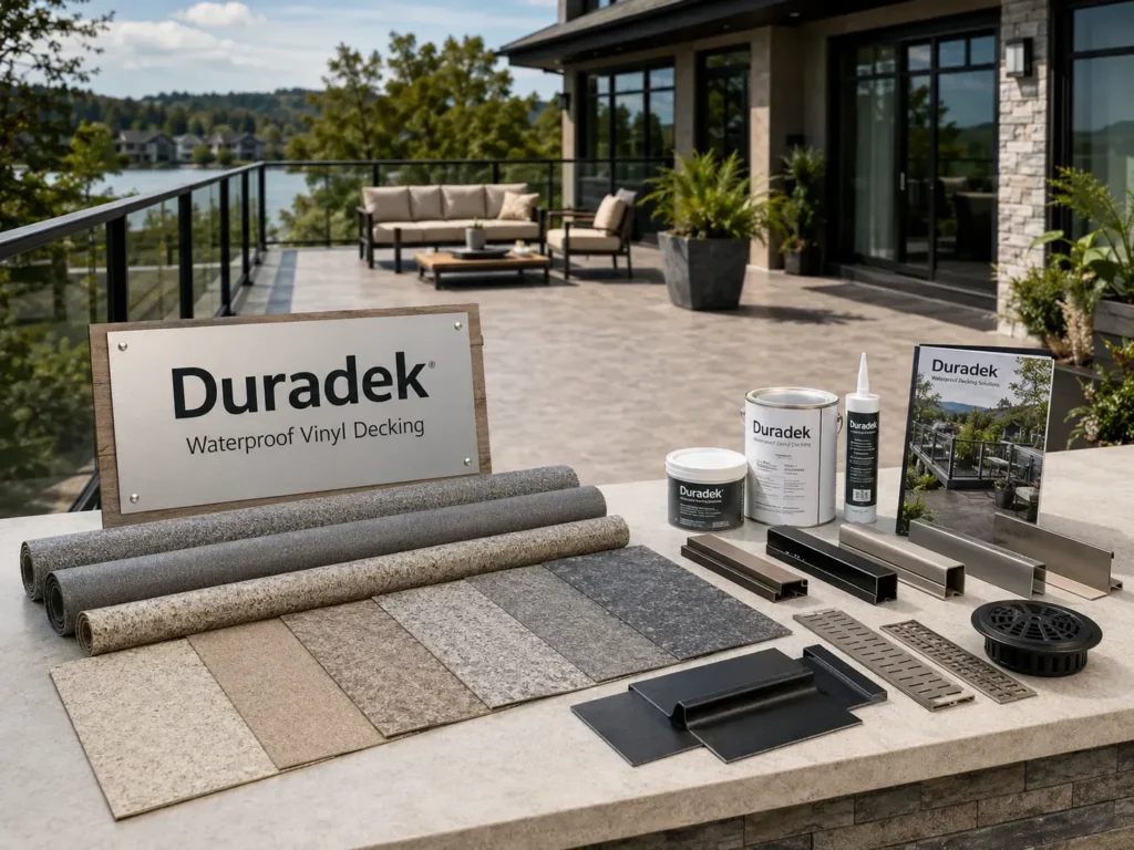 Duradek waterproof vinyl membrane samples, installation accessories, drainage components, and waterproofing products