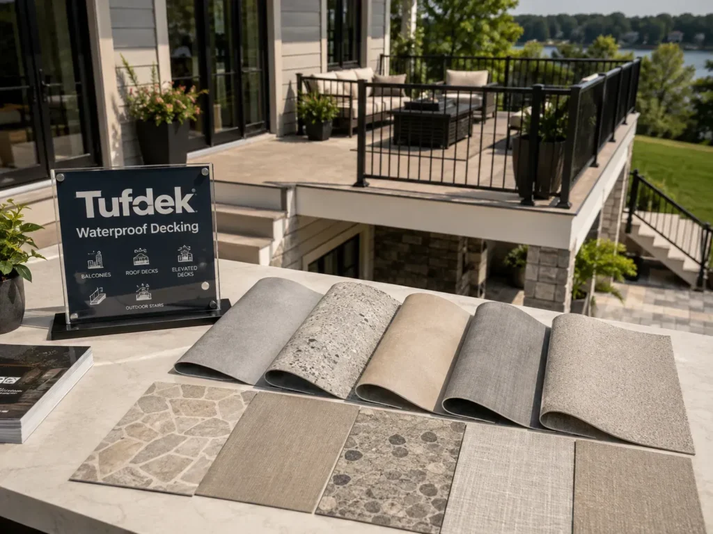 Tufdek waterproof vinyl decking samples in stone, gray, beige, and textured finishes beside an elevated deck
