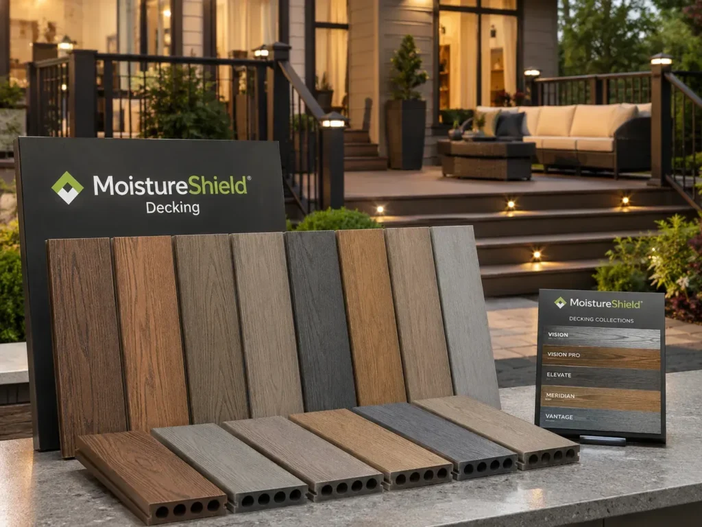 MoistureShield composite decking samples in multiple wood-look colors with decking collection display