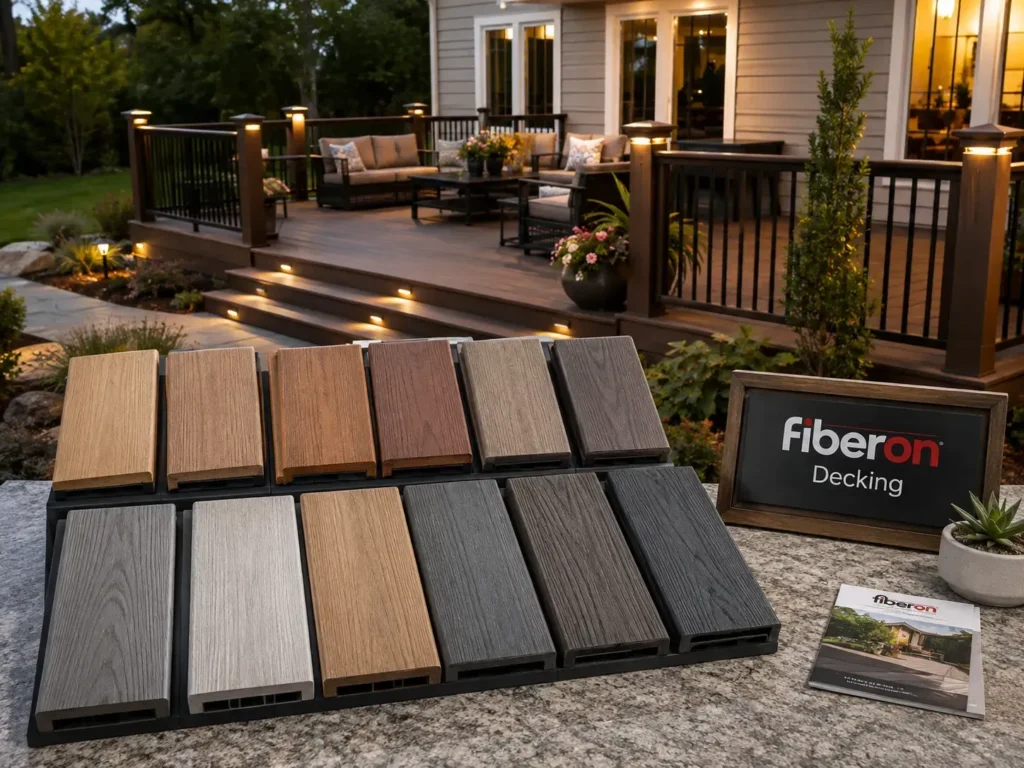 Fiberon decking samples in gray and natural wood tones displayed in front of a finished residential deck